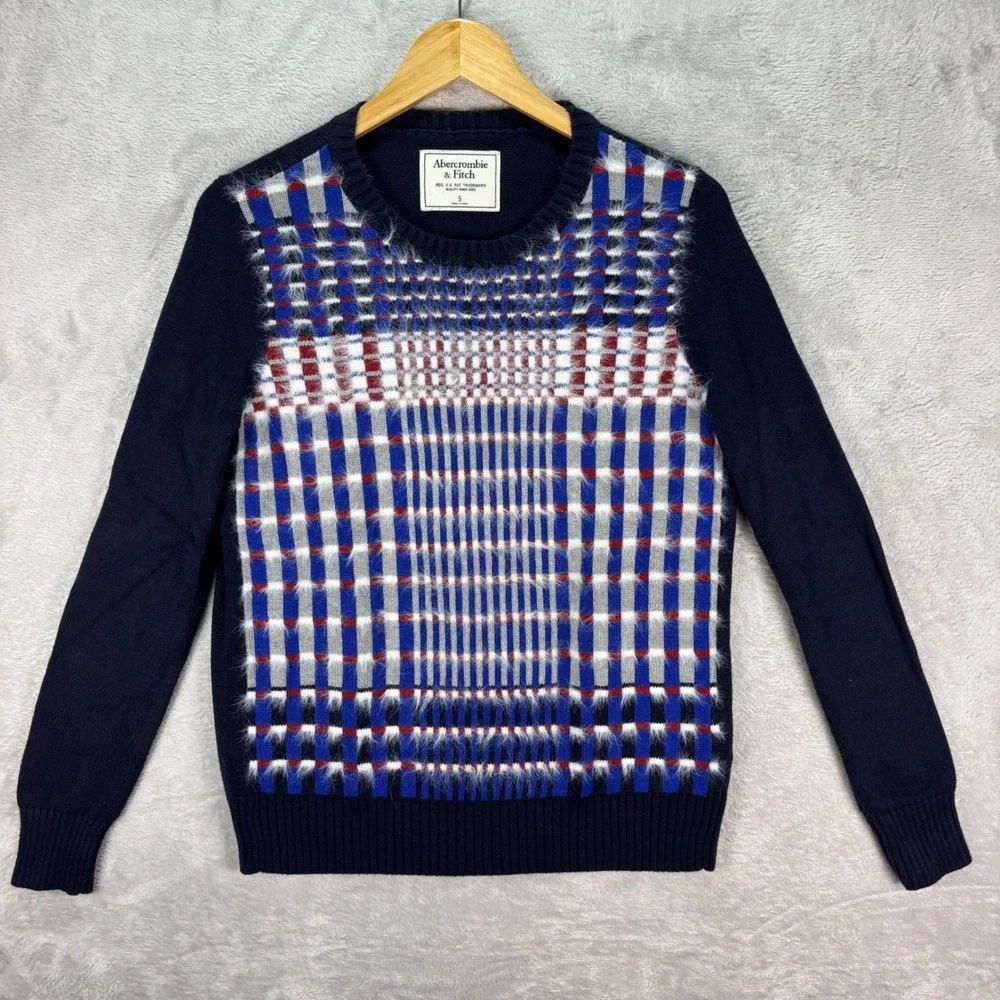 Abercrombie & Fitch Women's Sweater Navy Plaid Fuzzy Grid Knit Pullover Sz Small